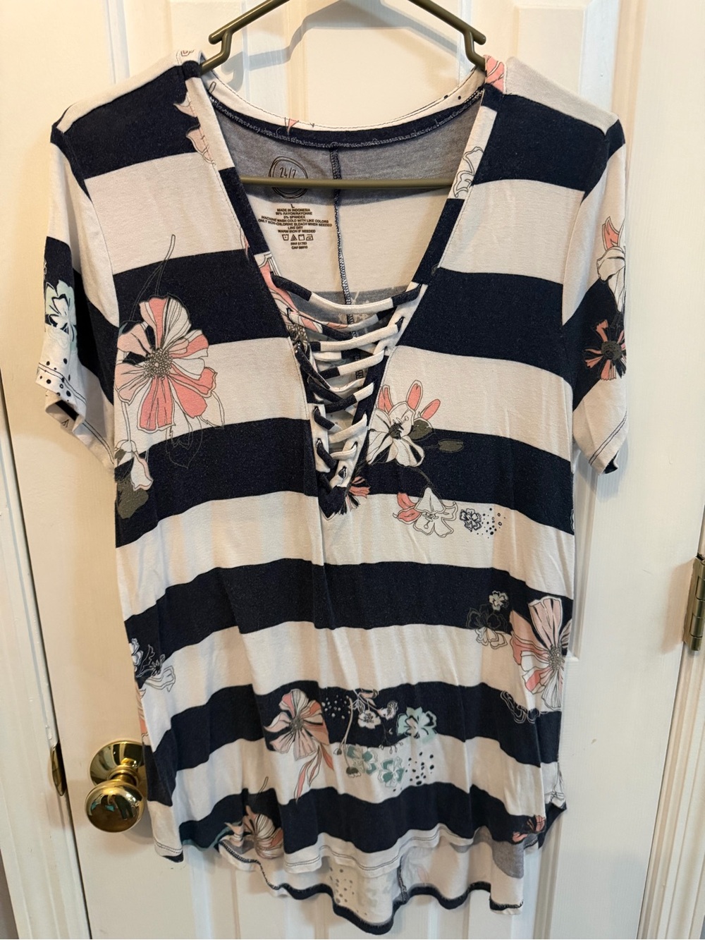 Maurices Navy & White Striped Lace-Up Floral Tee